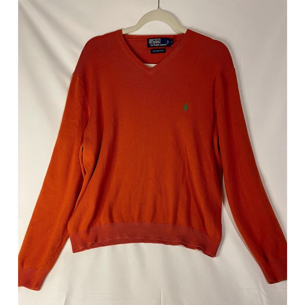 Polo Ralph Lauren Sweater Men's Large Orange Pima Cotton Knit V-Neck Pullover